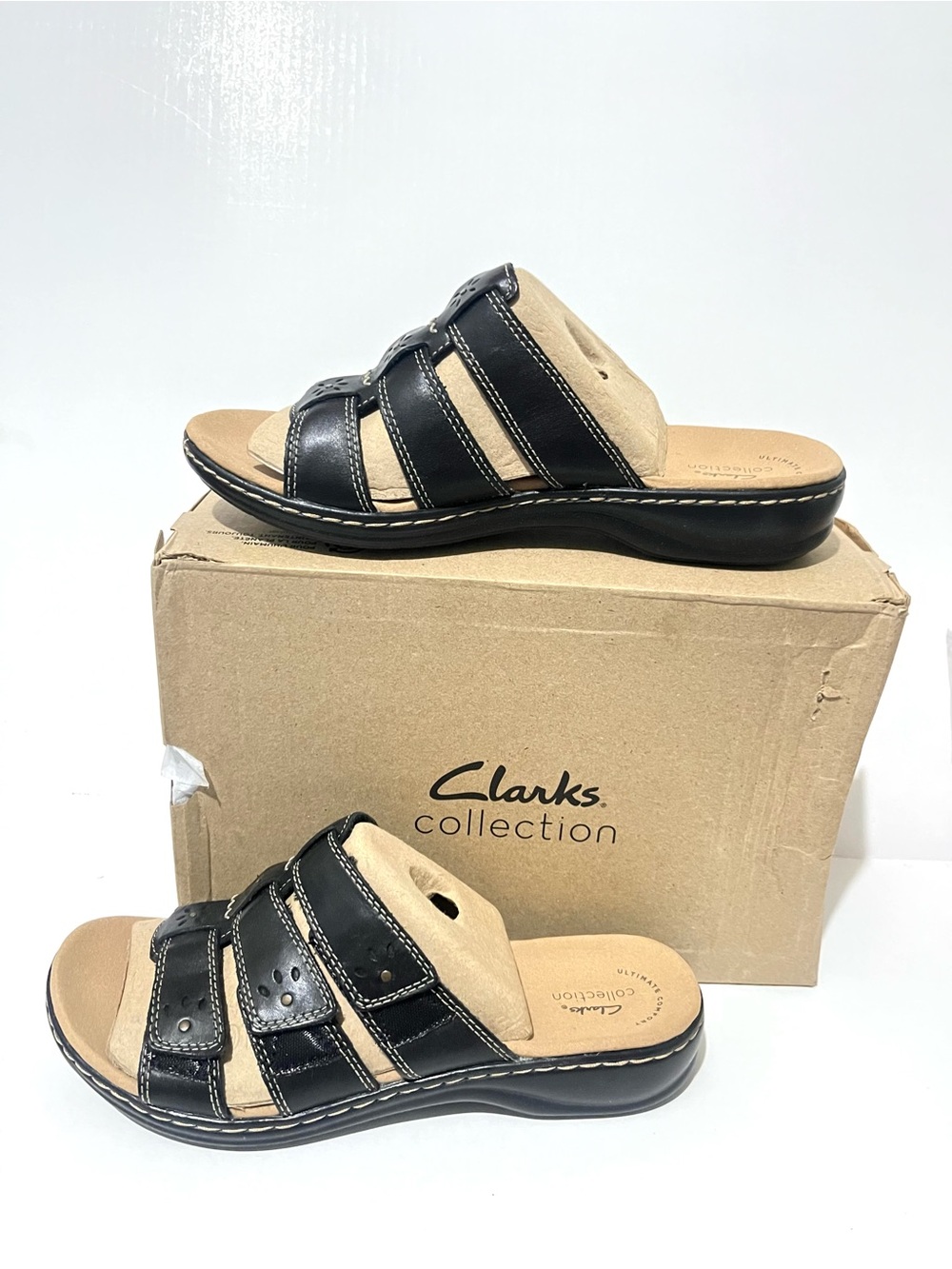 Clarks Black and Beige Slide Sandals